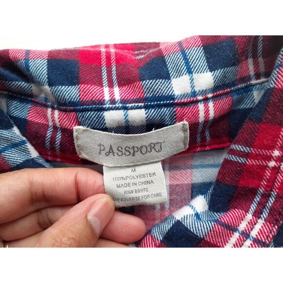 Passport Plaid Red Blue Roll Tab Sleeves Button Shirt Medium - Picture 7 of 7